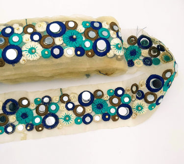 Gold Sheer Tissue Fabric Trim With Blue And Off White Circles and Floral Embroidery With Mirror Embellishments, Indian Mirrored Trim